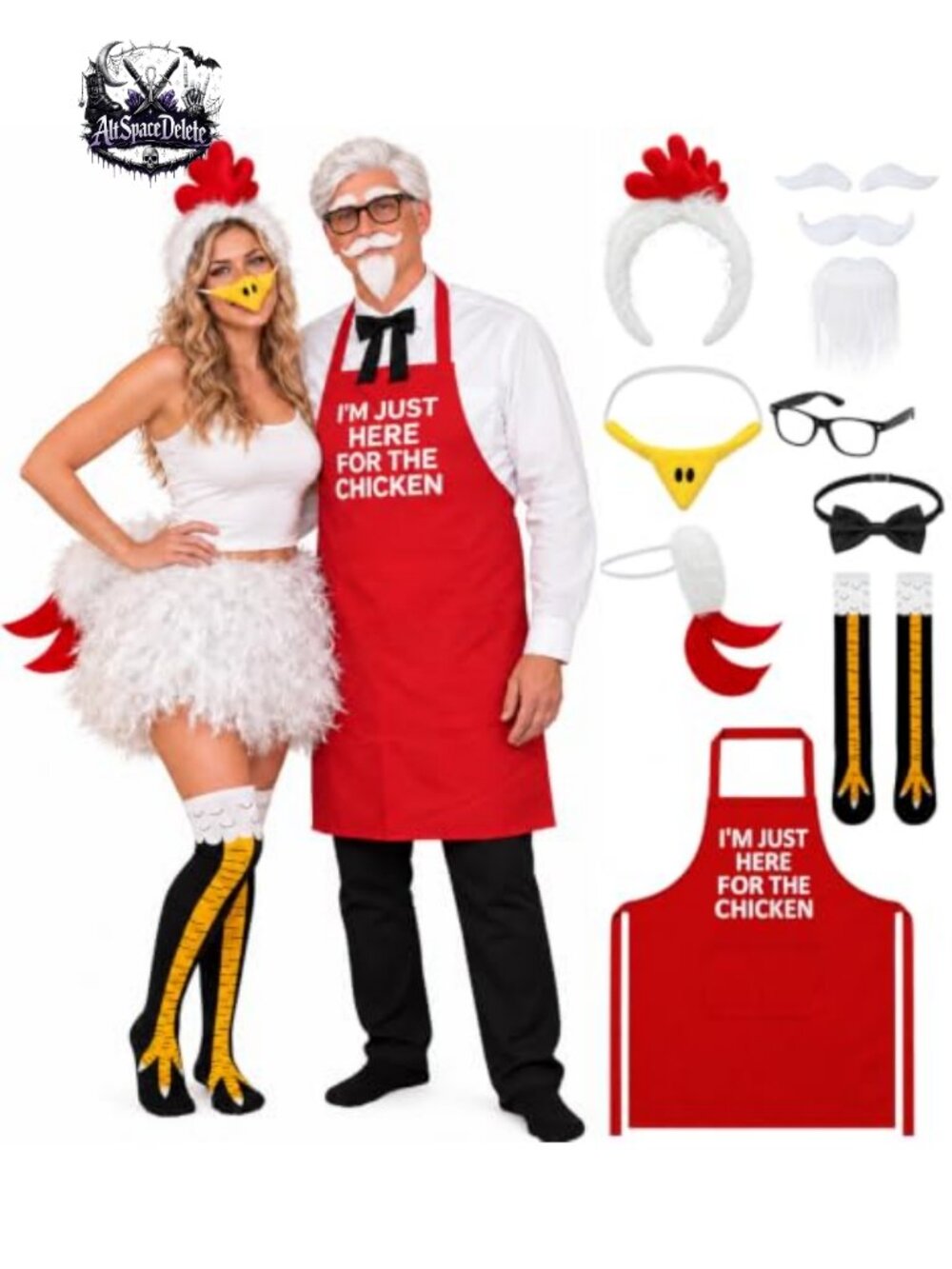 Adult Chicken Couples Halloween Costume Set Apron Headband Tail Socks